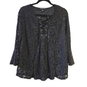 Black Lace Bell Sleeve Top Lace-Up Front S Witchy Whimsigoth Goth Vampire